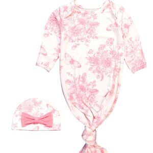 Butterfly Garden Toile Ruffle Knotted Sleep Gown & Bow Hat Set